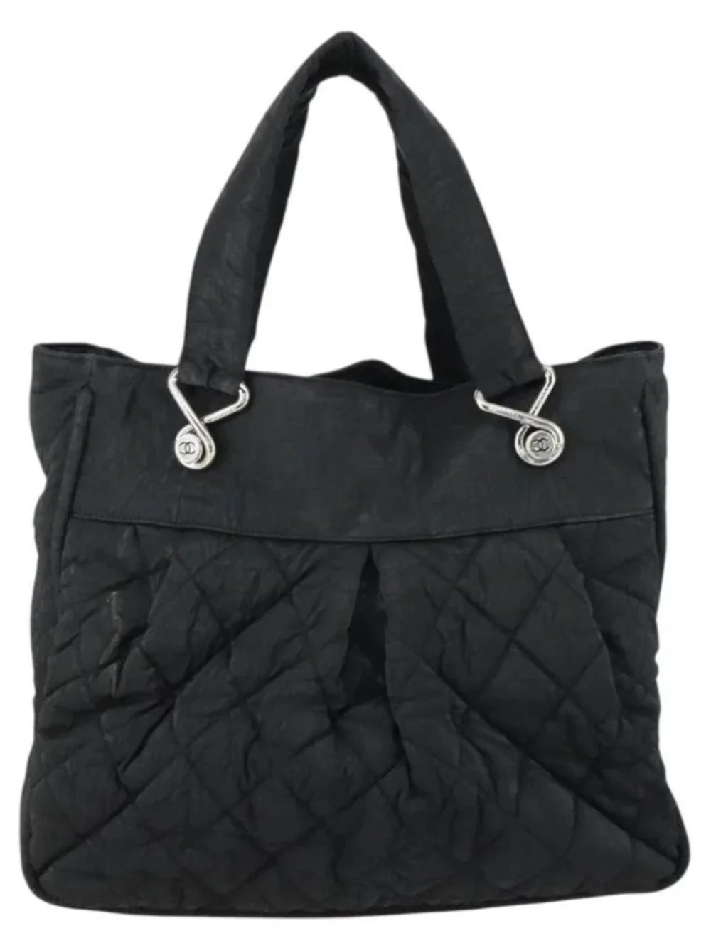CHANEL Matelasse Tote Bag Coated Canvas Black Silver CC Auth 160260